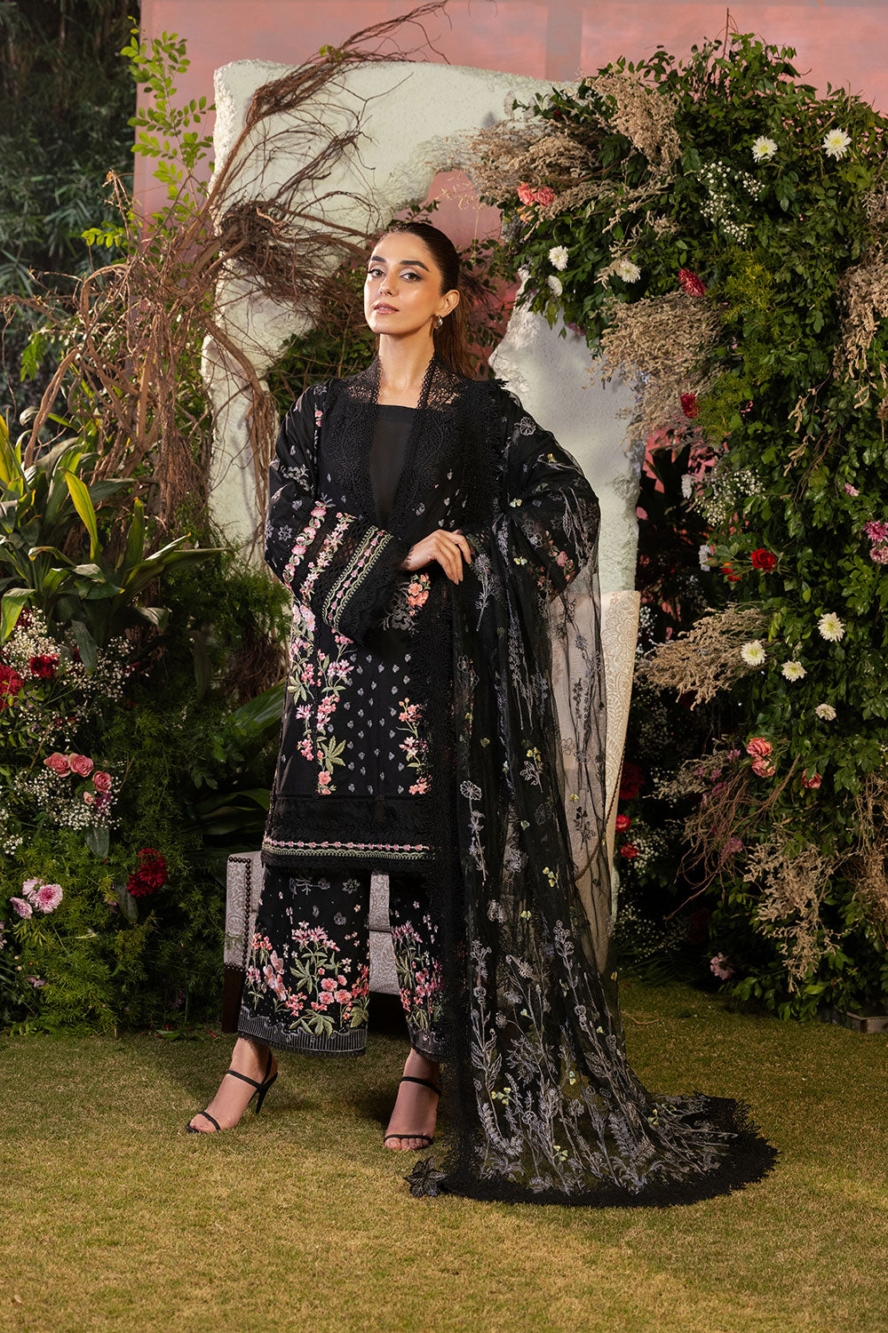 3 Piece Stitched Chikankari Organza Suit - Ready To Wear